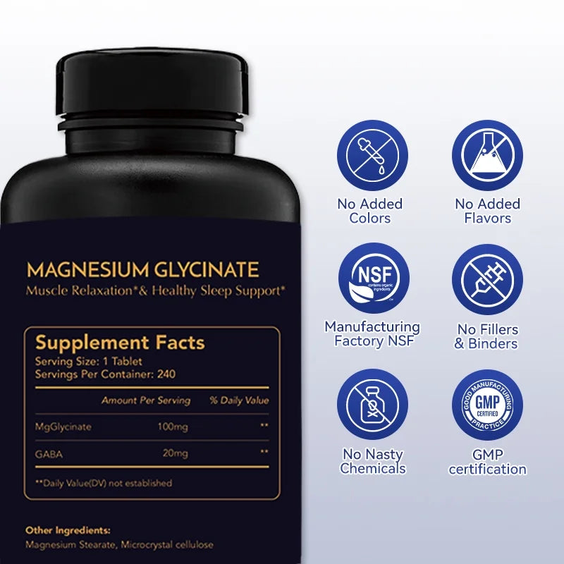 Magnesium Glycinate Tablets, 240 Magnesium Tablets, High Absorption Formula with Magnesium, Supports Relaxation & Brain Health, Muscle & Bone Health