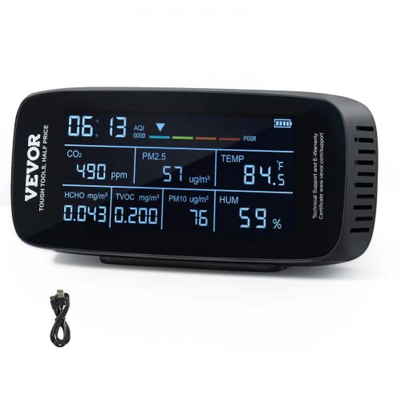 VEVOR Air Quality Monitor 9-IN-1, CO2, Temperature, Humidity, Formaldehyde TVOC AQI Tester, Professional PM2.5 PM10 PM1.0 Particle Counter for Indoor/Outdoor, Air Quality Meter W/Alarm Thresholds