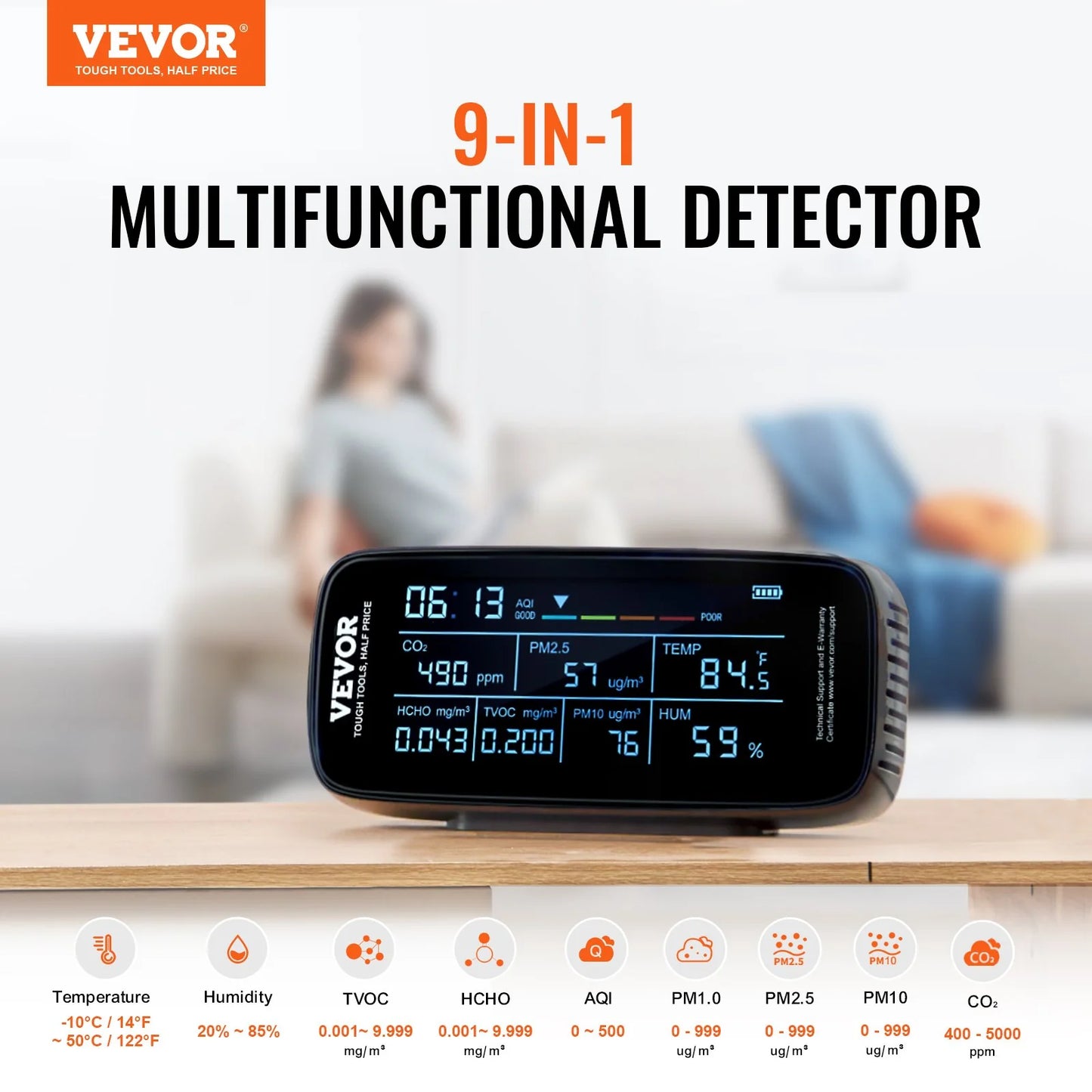 VEVOR Air Quality Monitor 9-IN-1, CO2, Temperature, Humidity, Formaldehyde TVOC AQI Tester, Professional PM2.5 PM10 PM1.0 Particle Counter for Indoor/Outdoor, Air Quality Meter W/Alarm Thresholds