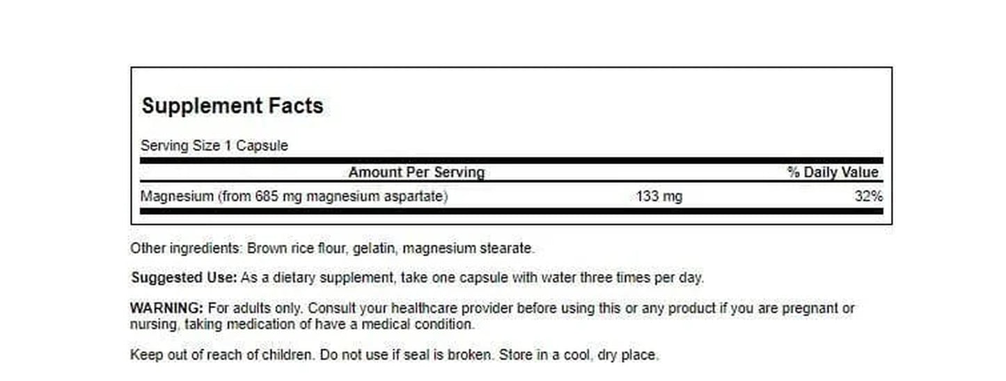 Magnesium Aspartate - 133 Mg Elemental Magnesium 685 Mg 90 Capsules