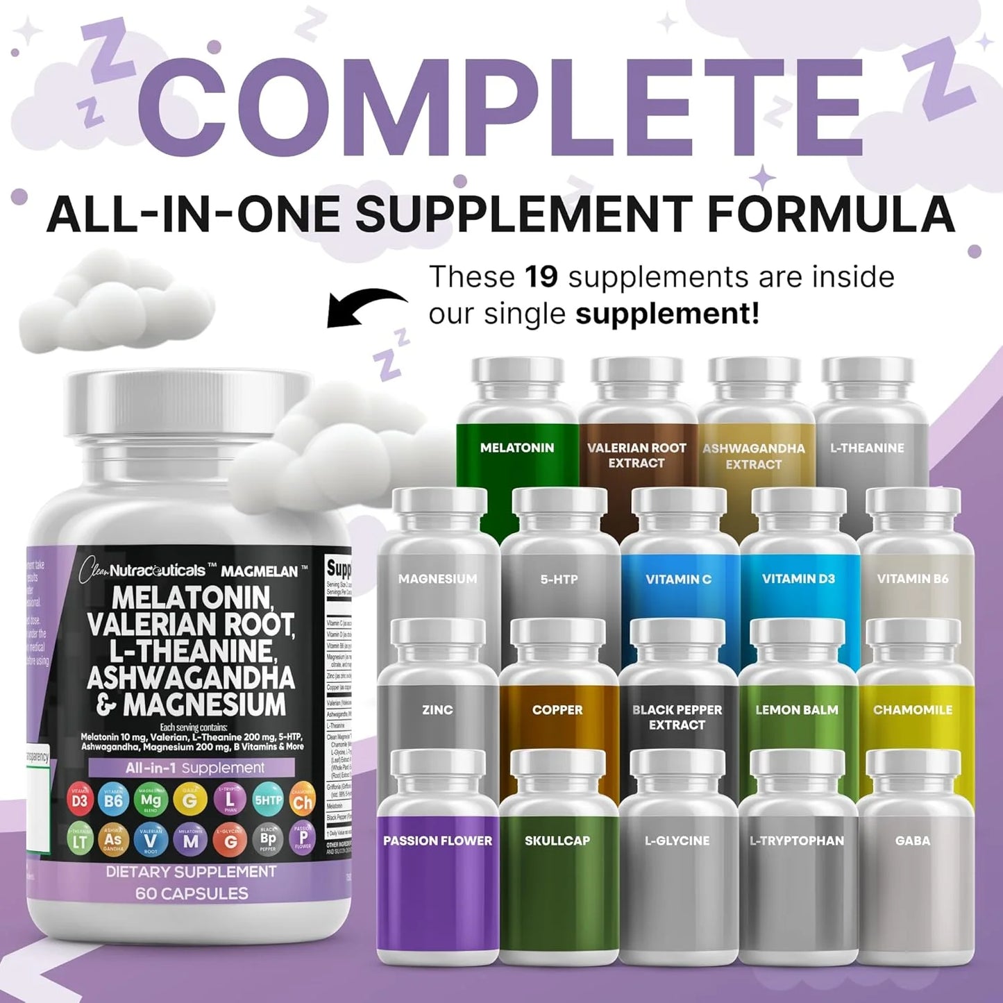 Melatonin Valerian Root L Theanine Ashwagandha - Sleep Support for Women & Men with Magnesium Complex, Lemon Balm, Chamomile, & Passionflower - 60 Caps