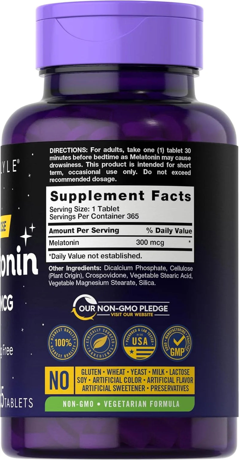 Melatonin 300Mcg | 365 Vegetarian Tablets for Men and Women | by