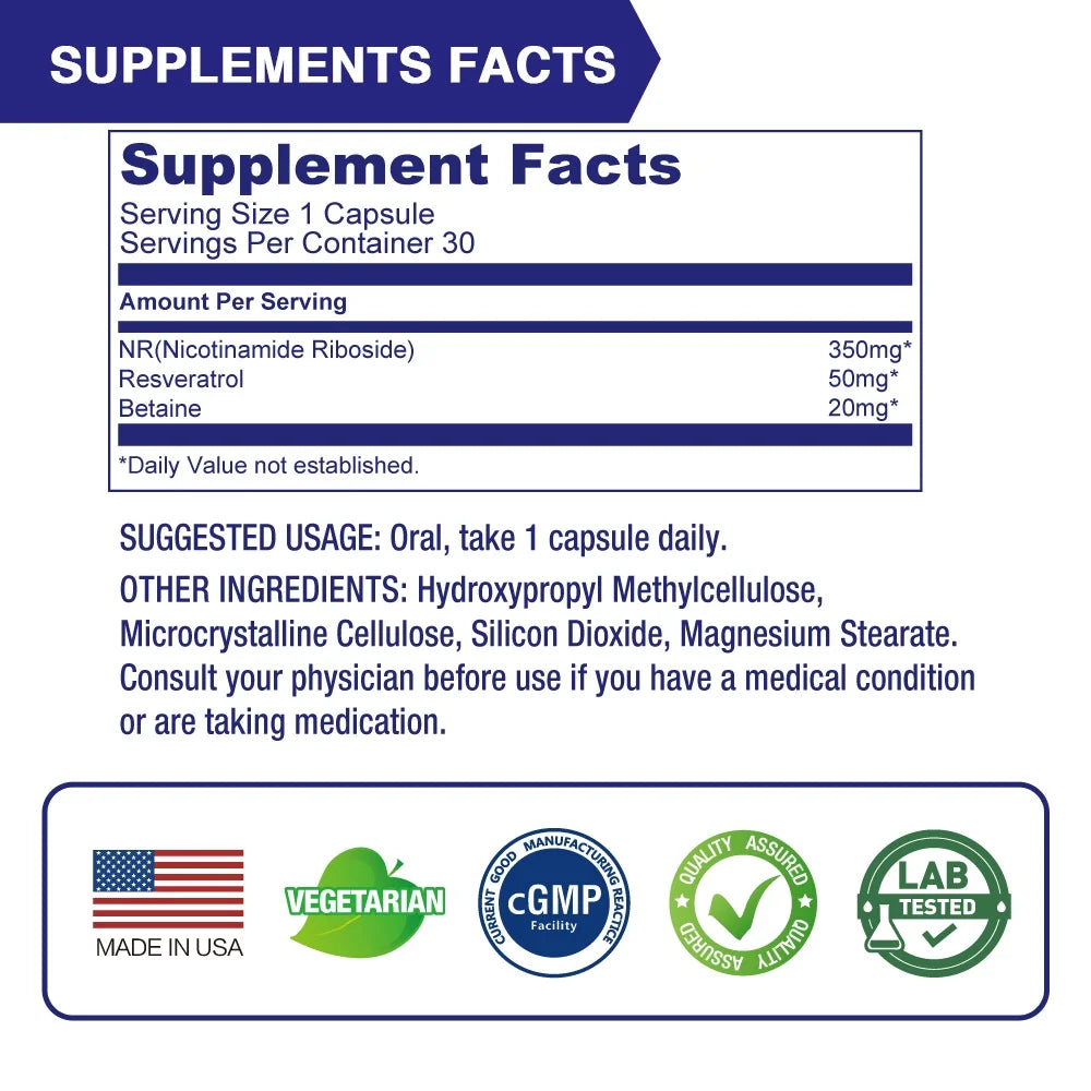 NR (Nicotinamide Riboside) 350 Mg, NAD+ Supplement with Resveratrol and Betaine, 30 Vegetarian Capsules (Pack of 3)