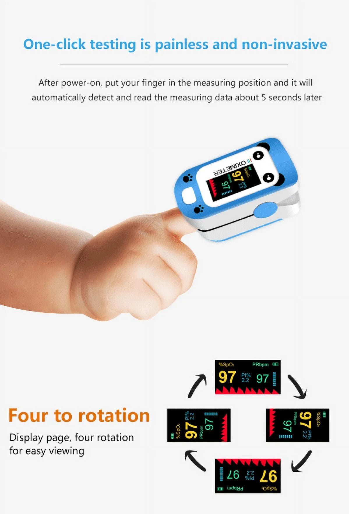 Kid'S Fingertip Pulse Oximeter Rechargeable Pulse Oximeter Monitor Blood Oxygen Saturation,Blue