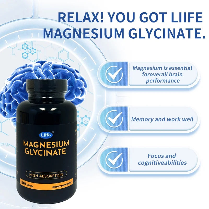 Magnesium Glycinate Tablets, 240 Magnesium Tablets, High Absorption Formula with Magnesium, Supports Relaxation & Brain Health, Muscle & Bone Health