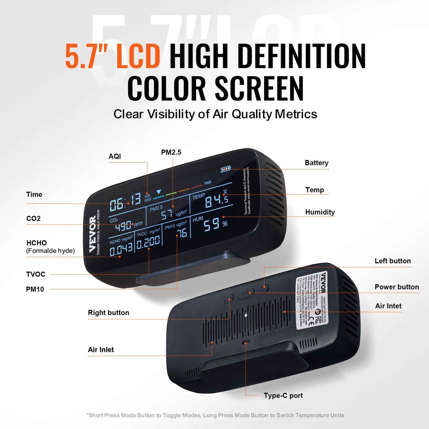 VEVOR Air Quality Monitor 9-IN-1, CO2, Temperature, Humidity, Formaldehyde TVOC AQI Tester, Professional PM2.5 PM10 PM1.0 Particle Counter for Indoor/Outdoor, Air Quality Meter W/Alarm Thresholds