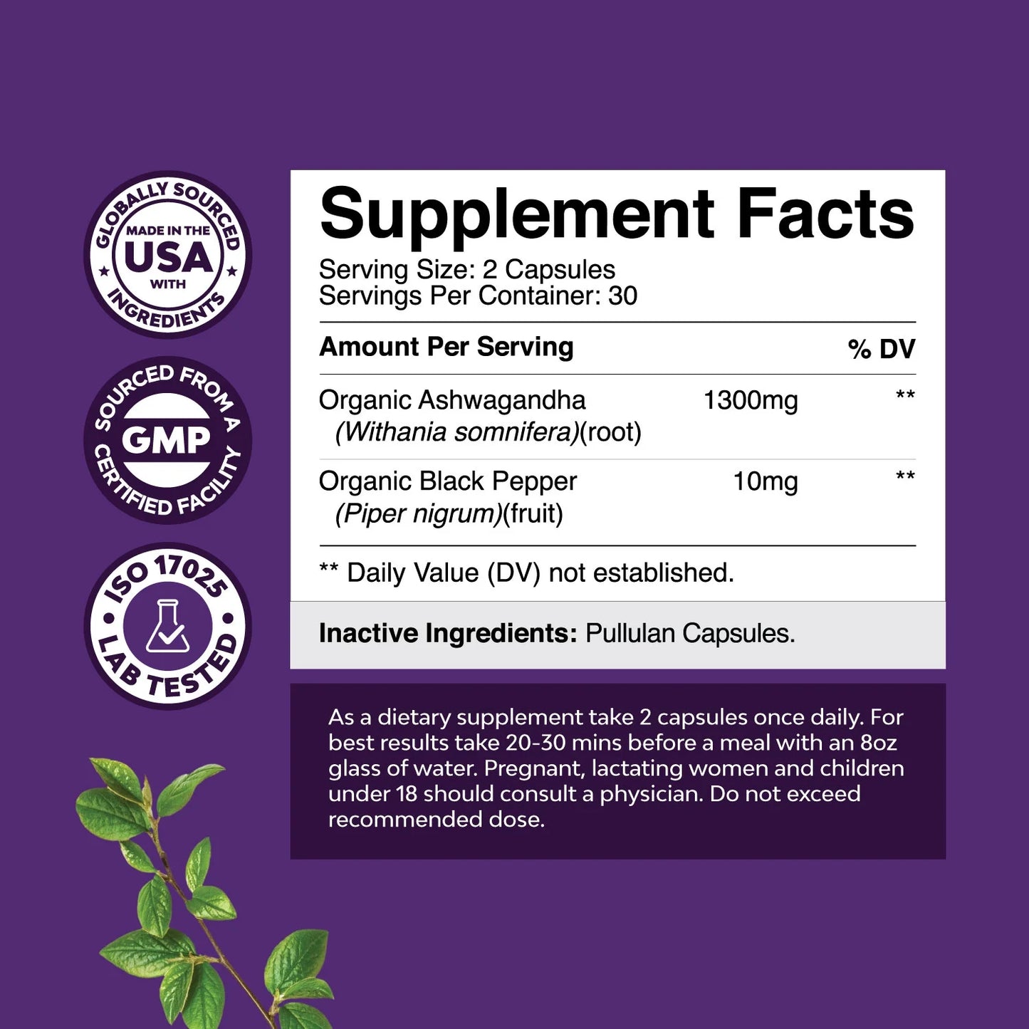 Best Ashwagandha Root Powder 1300 Mg per Serving Capsules - Relaxation Supplement