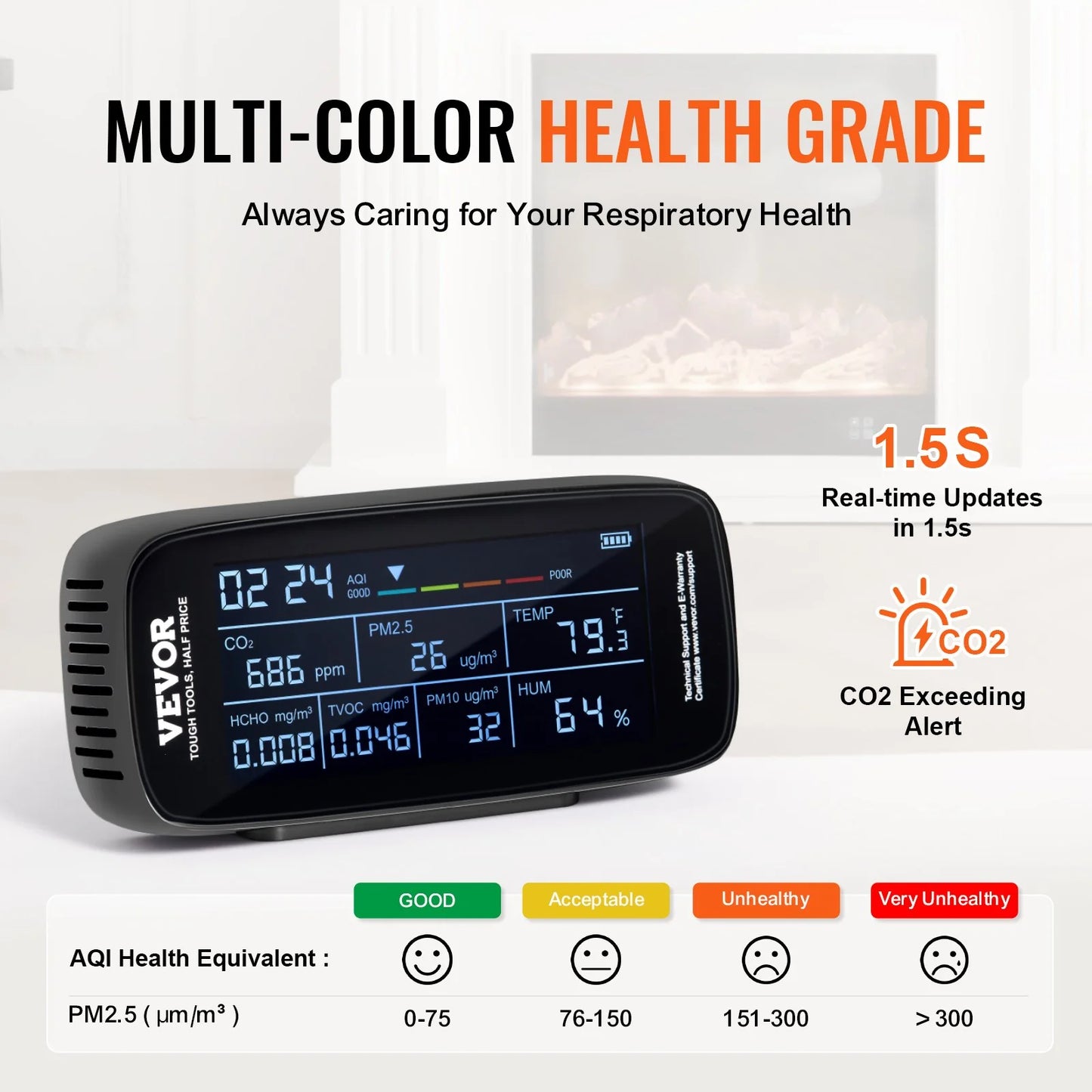 VEVOR Air Quality Monitor 9-IN-1, CO2, Temperature, Humidity, Formaldehyde TVOC AQI Tester, Professional PM2.5 PM10 PM1.0 Particle Counter for Indoor/Outdoor, Air Quality Meter W/Alarm Thresholds