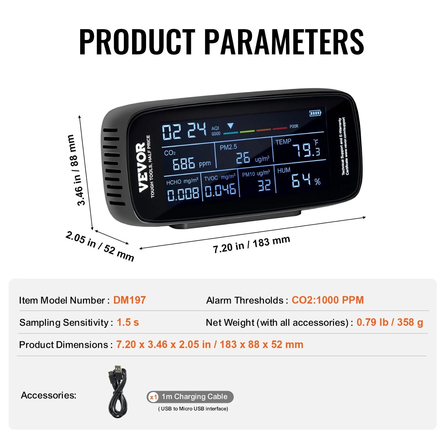 VEVOR Air Quality Monitor 9-IN-1, CO2, Temperature, Humidity, Formaldehyde TVOC AQI Tester, Professional PM2.5 PM10 PM1.0 Particle Counter for Indoor/Outdoor, Air Quality Meter W/Alarm Thresholds