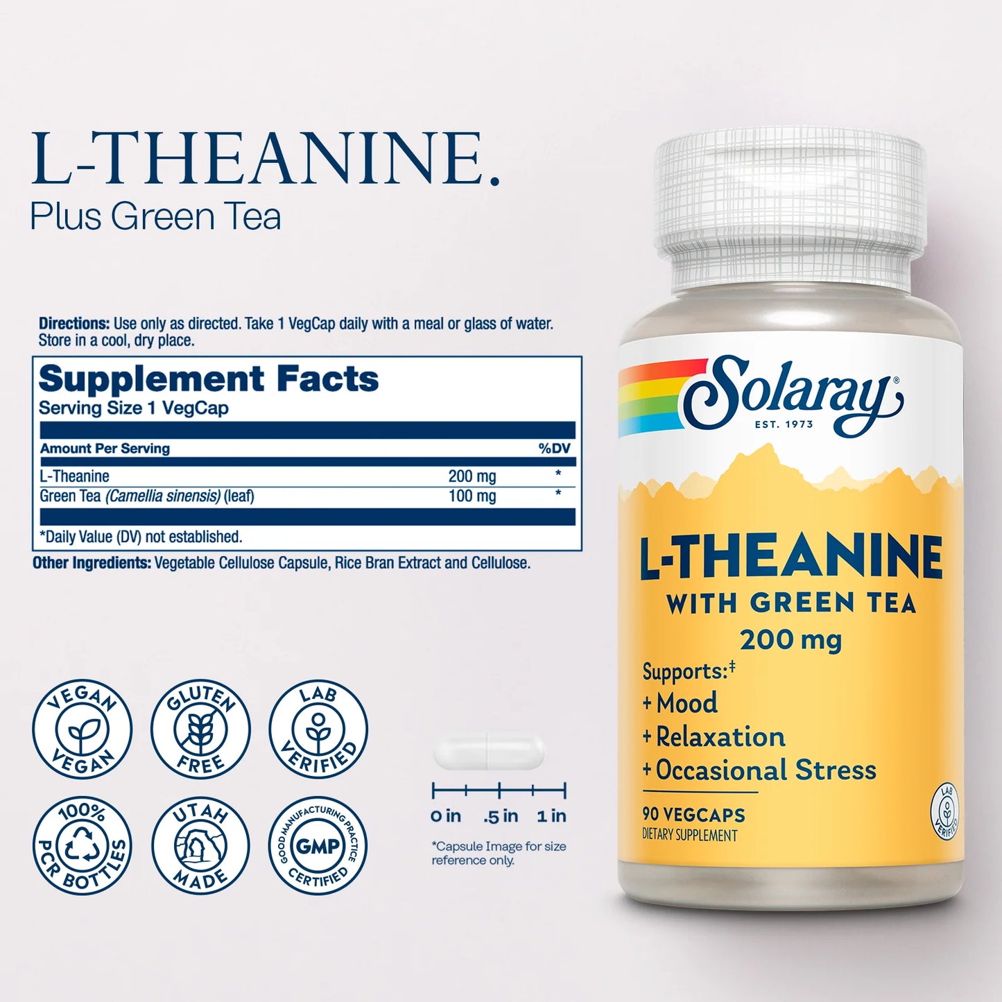 L-Theanine - 90 Vegcaps - 200 Mg + 100 Mg Green Tea Leaf