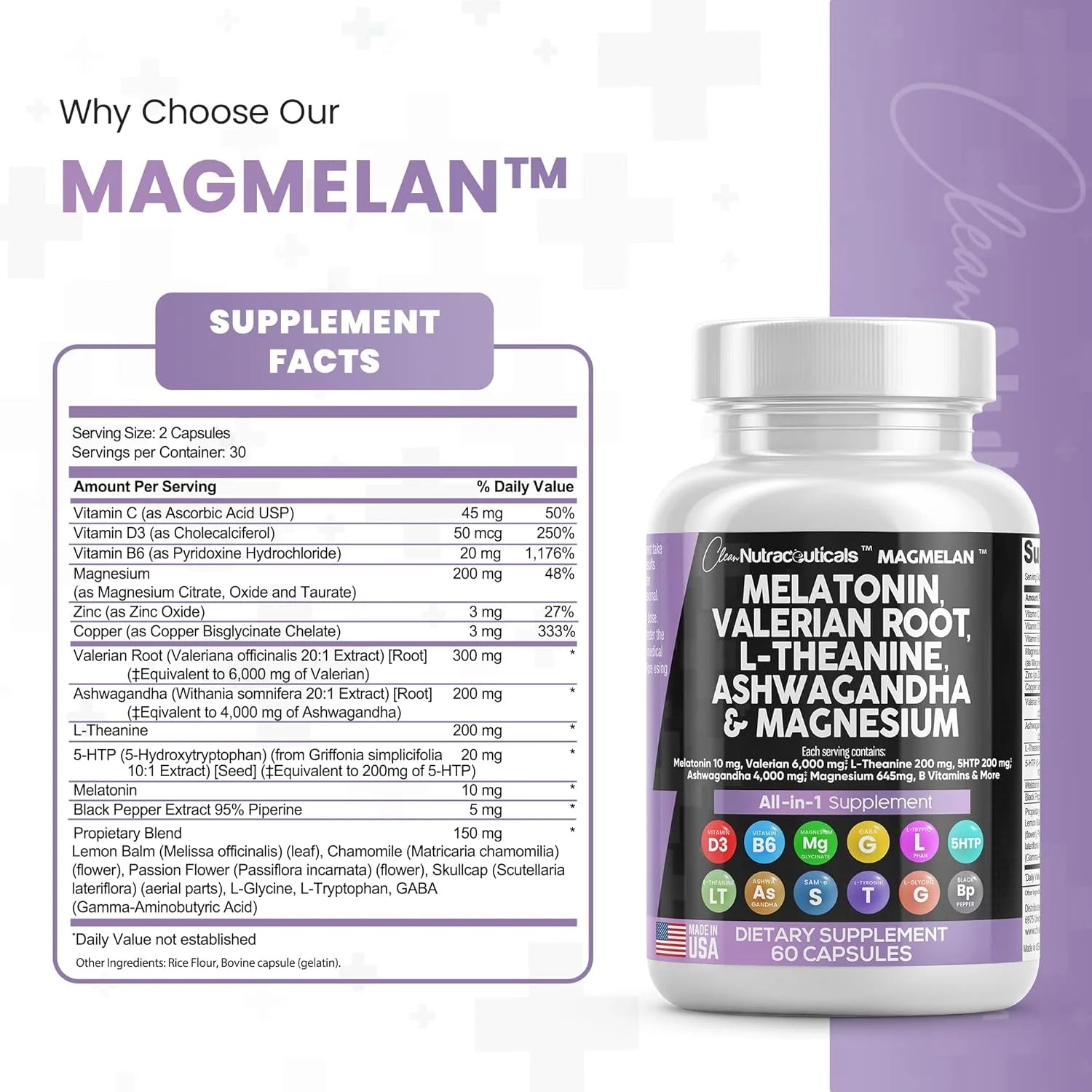Melatonin Valerian Root L Theanine Ashwagandha - Sleep Support for Women & Men with Magnesium Complex, Lemon Balm, Chamomile, & Passionflower - 60 Caps