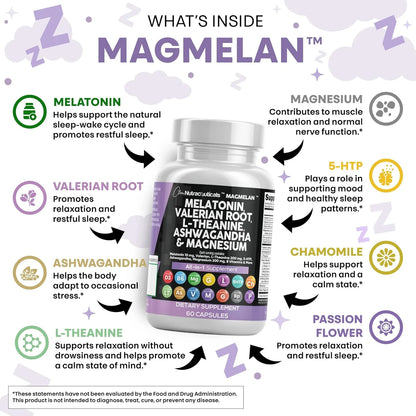 Melatonin Valerian Root L Theanine Ashwagandha - Sleep Support for Women & Men with Magnesium Complex, Lemon Balm, Chamomile, & Passionflower - 60 Caps