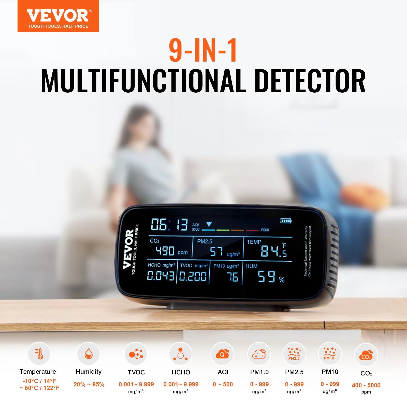 VEVOR Air Quality Monitor 9-IN-1, CO2, Temperature, Humidity, Formaldehyde TVOC AQI Tester, Professional PM2.5 PM10 PM1.0 Particle Counter for Indoor/Outdoor, Air Quality Meter W/Alarm Thresholds
