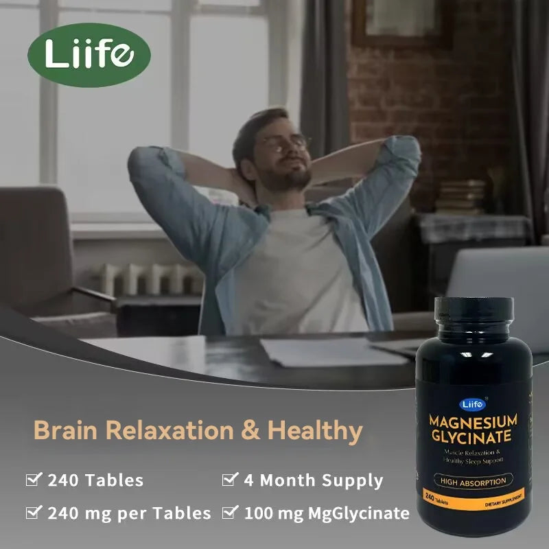 Magnesium Glycinate Tablets, 240 Magnesium Tablets, High Absorption Formula with Magnesium, Supports Relaxation & Brain Health, Muscle & Bone Health