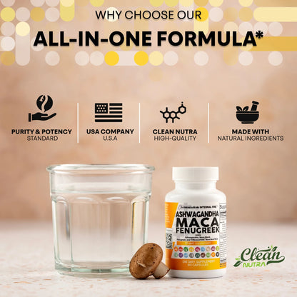 Ashwagandha Maca Root Fenugreek Supplement with Tongkat Ali Ginseng - Assists with Stress, Mood & Thyroid - Ashwagandha Capsules Fenugreek Caps - 1 Pack