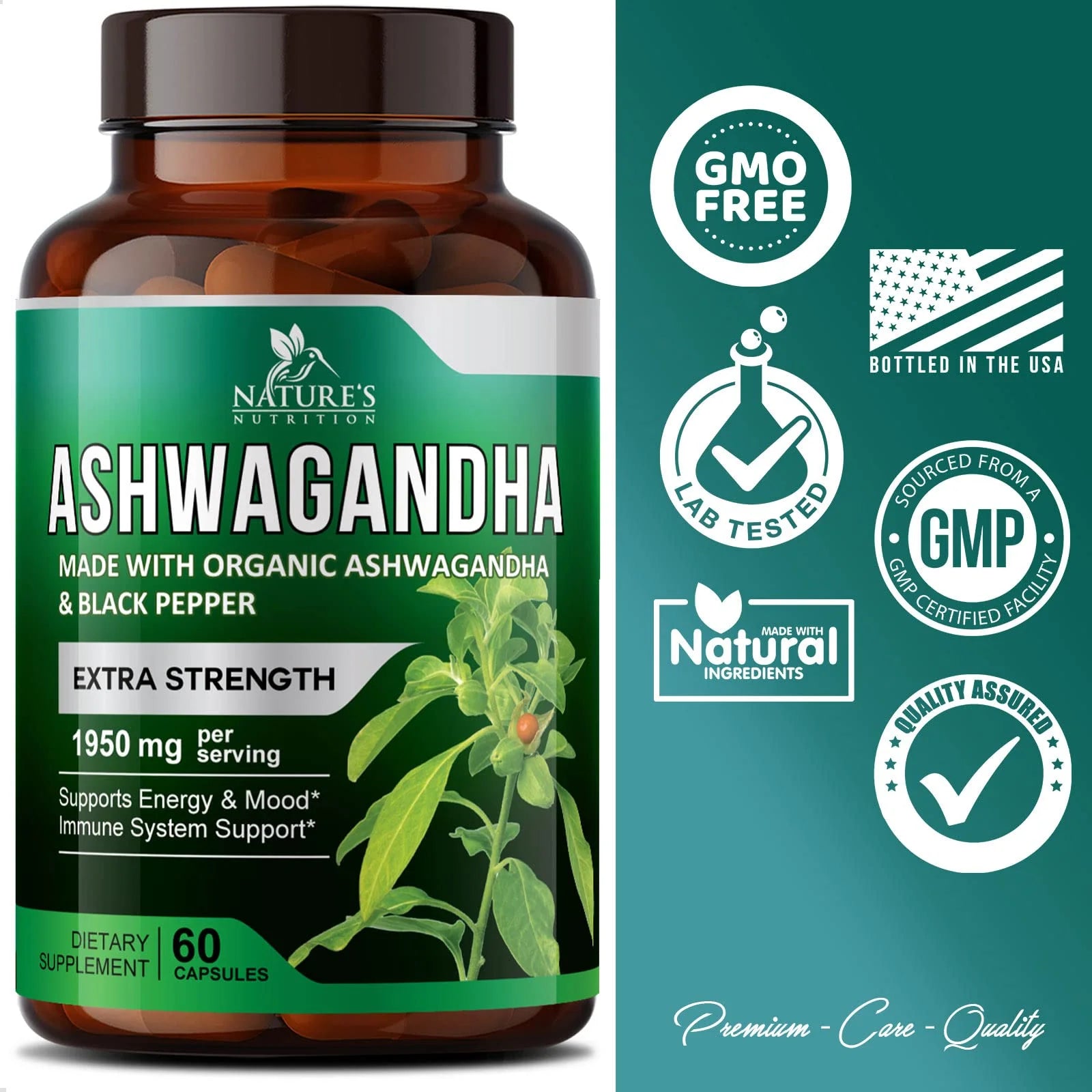 Organic Ashwagandha 1,950 Mg - Extra Strength Unwind, Calm & Relax Support with Bioperine - Natural Focus & Energy Support Supplement - Nature'S Non-Gmo, Vegan, Gluten Free - 60 Capsules