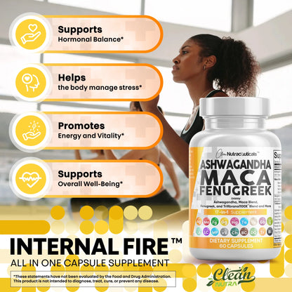 Ashwagandha Maca Root Fenugreek Supplement with Tongkat Ali Ginseng - Assists with Stress, Mood & Thyroid - Ashwagandha Capsules Fenugreek Caps - 1 Pack