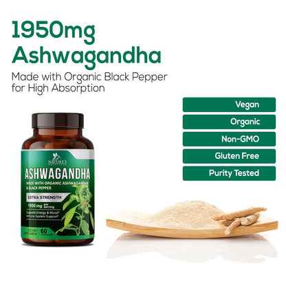 Organic Ashwagandha 1,950 Mg - Extra Strength Unwind, Calm & Relax Support with Bioperine - Natural Focus & Energy Support Supplement - Nature'S Non-Gmo, Vegan, Gluten Free - 60 Capsules