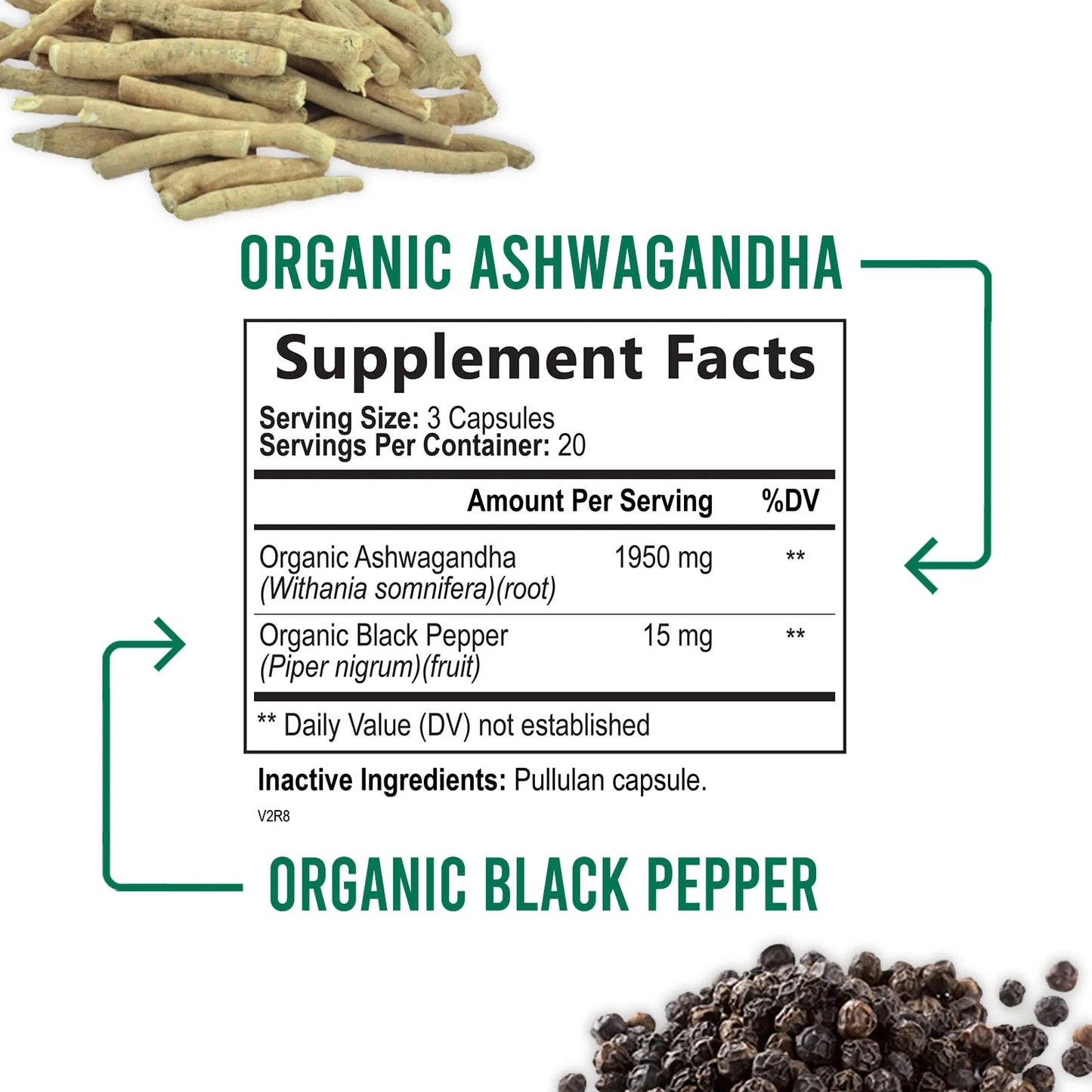 Organic Ashwagandha 1,950 Mg - Extra Strength Unwind, Calm & Relax Support with Bioperine - Natural Focus & Energy Support Supplement - Nature'S Non-Gmo, Vegan, Gluten Free - 60 Capsules