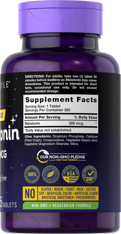 Melatonin 300Mcg | 365 Vegetarian Tablets for Men and Women | by