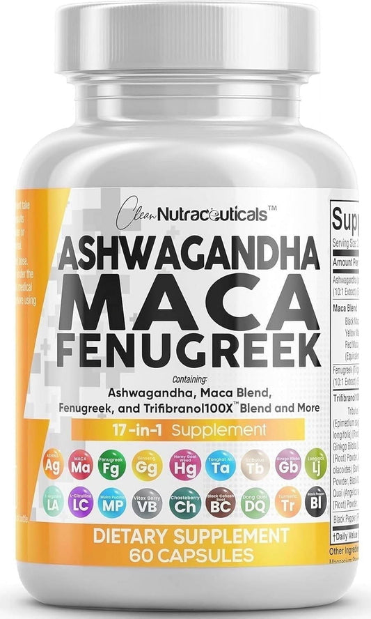 Ashwagandha Maca Root Fenugreek Supplement with Tongkat Ali Ginseng - Assists with Stress, Mood & Thyroid - Ashwagandha Capsules Fenugreek Caps - 1 Pack