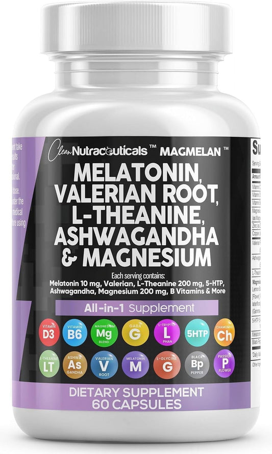 Melatonin Valerian Root L Theanine Ashwagandha - Sleep Support for Women & Men with Magnesium Complex, Lemon Balm, Chamomile, & Passionflower - 60 Caps