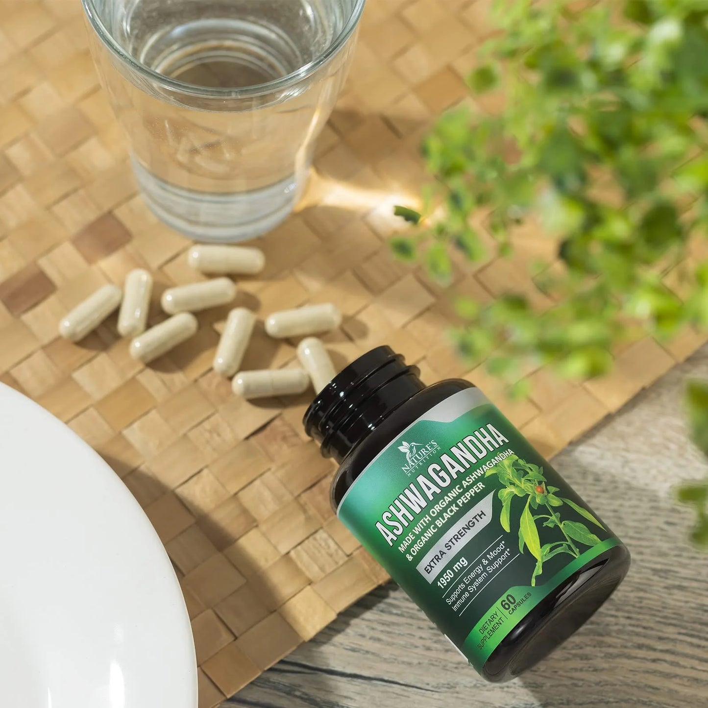 Organic Ashwagandha 1,950 Mg - Extra Strength Unwind, Calm & Relax Support with Bioperine - Natural Focus & Energy Support Supplement - Nature'S Non-Gmo, Vegan, Gluten Free - 60 Capsules