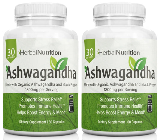 Ashwagandha Organic 1300Mg Extra Strength Two Bottle Pack 120 Capsules Free Bottle