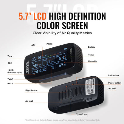VEVOR Air Quality Monitor 9-IN-1, CO2, Temperature, Humidity, Formaldehyde TVOC AQI Tester, Professional PM2.5 PM10 PM1.0 Particle Counter for Indoor/Outdoor, Air Quality Meter W/Alarm Thresholds