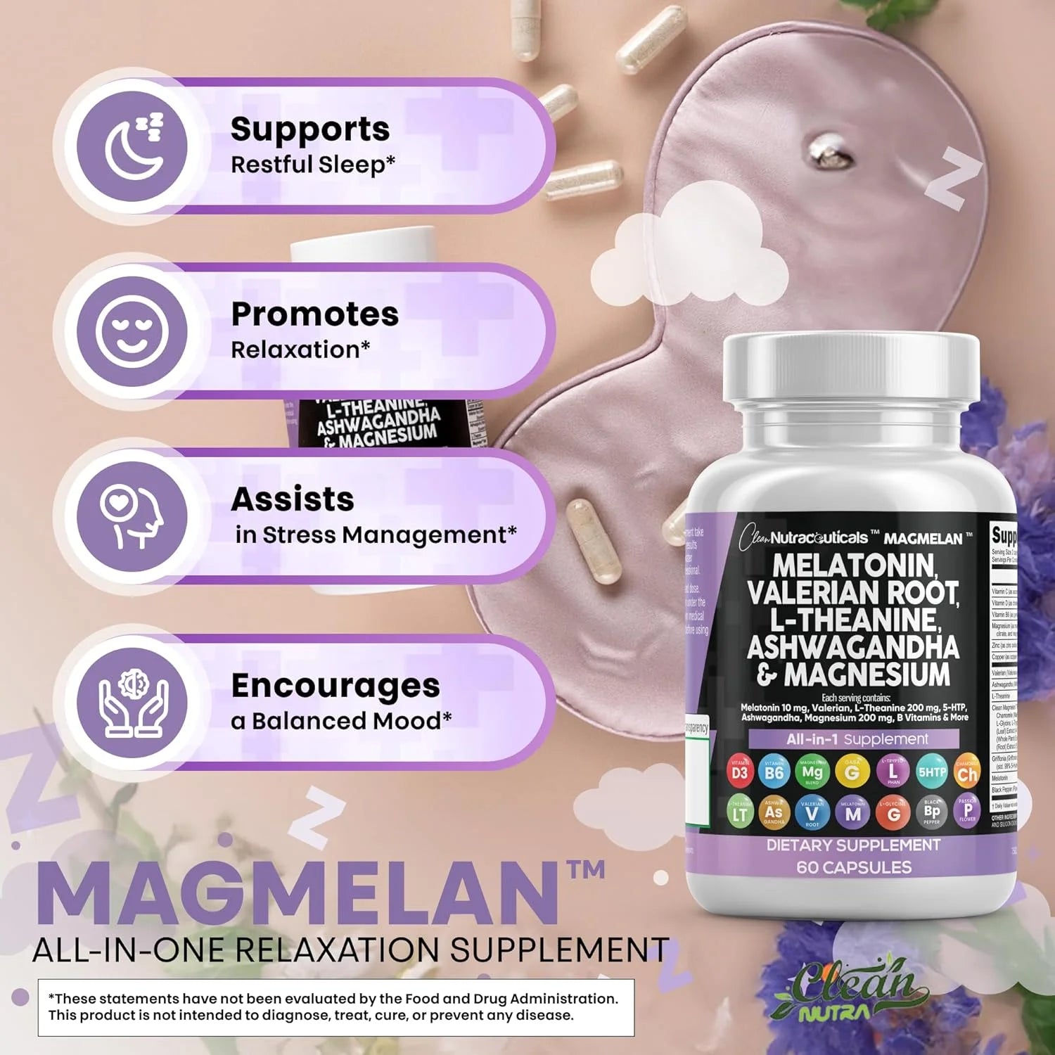 Melatonin Valerian Root L Theanine Ashwagandha - Sleep Support for Women & Men with Magnesium Complex, Lemon Balm, Chamomile, & Passionflower - 60 Caps