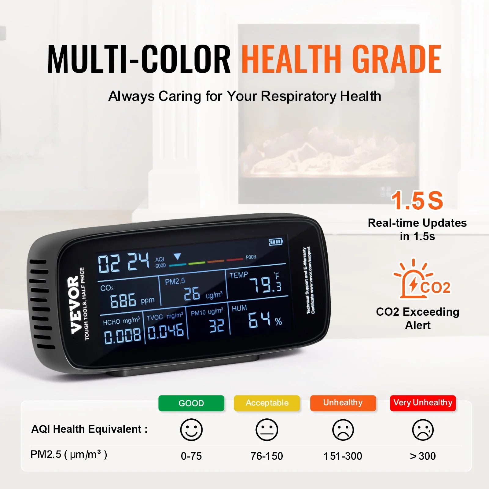 VEVOR Air Quality Monitor 9-IN-1, CO2, Temperature, Humidity, Formaldehyde TVOC AQI Tester, Professional PM2.5 PM10 PM1.0 Particle Counter for Indoor/Outdoor, Air Quality Meter W/Alarm Thresholds
