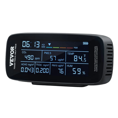 VEVOR Air Quality Monitor 9-IN-1, CO2, Temperature, Humidity, Formaldehyde TVOC AQI Tester, Professional PM2.5 PM10 PM1.0 Particle Counter for Indoor/Outdoor, Air Quality Meter W/Alarm Thresholds