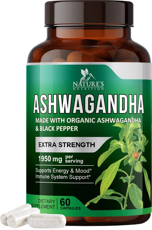Organic Ashwagandha 1,950 Mg - Extra Strength Unwind, Calm & Relax Support with Bioperine - Natural Focus & Energy Support Supplement - Nature'S Non-Gmo, Vegan, Gluten Free - 60 Capsules