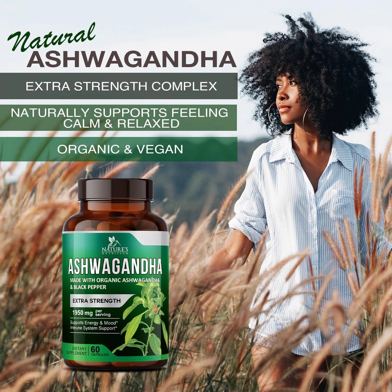 Organic Ashwagandha 1,950 Mg - Extra Strength Unwind, Calm & Relax Support with Bioperine - Natural Focus & Energy Support Supplement - Nature'S Non-Gmo, Vegan, Gluten Free - 60 Capsules