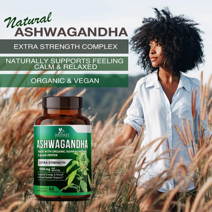 Organic Ashwagandha 1,950 Mg - Extra Strength Unwind, Calm & Relax Support with Bioperine - Natural Focus & Energy Support Supplement - Nature'S Non-Gmo, Vegan, Gluten Free - 60 Capsules